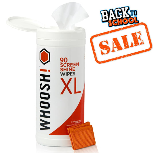WHOOSH screen shine wipes container with a 'Back to School Sale' stamp on a white background