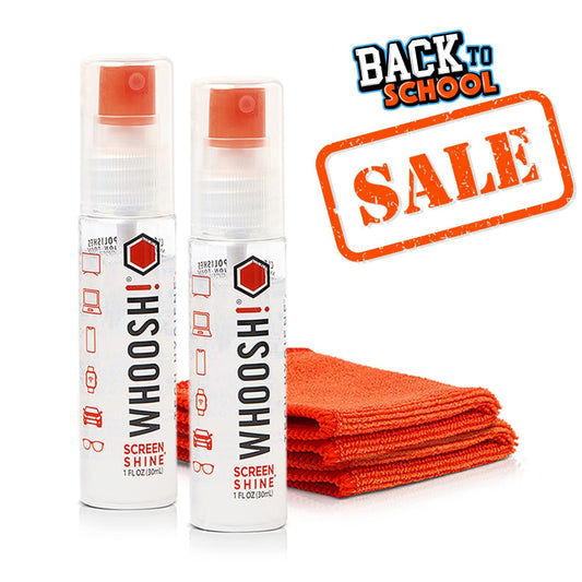 Two bottles of WHOOSH! screen shine with an orange cloth and 'Back to School Sale' text on a white background.