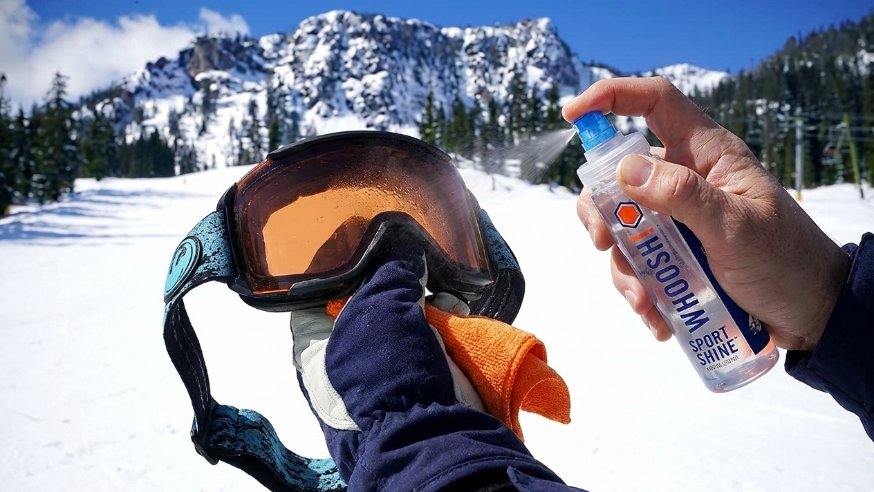 Person cleaning ski goggles with WHOOSH! Sport Shine in a snowy mountain setting