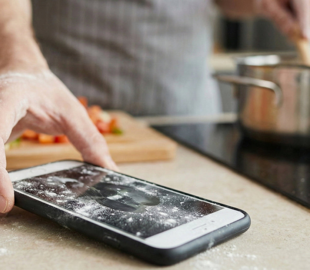 Person using a smartphone on a kitchen counter with a blurred background